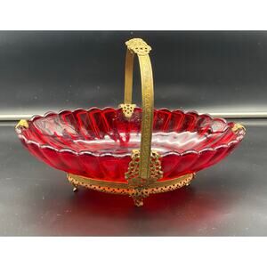Antique Imperial Glass Ruby Red Glass Bridle Basket with Gold Ormulu Brass Trim